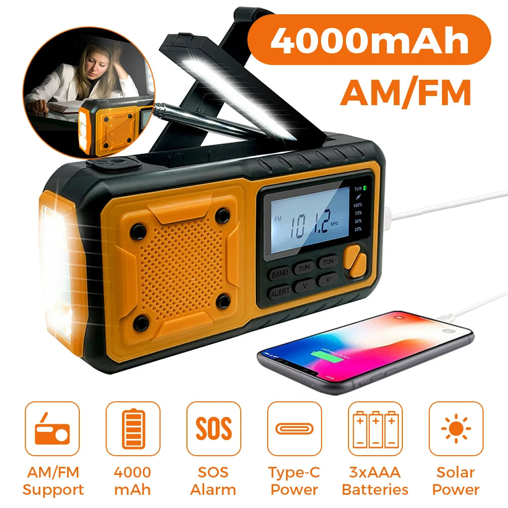 Emergency Solar Hand Crank Radio – Portable Survival Radio with Flashlight, Power Bank & SOS Alarm