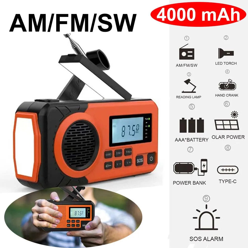 Emergency Solar Hand Crank Radio – Portable Survival Radio with Flashlight, Power Bank & SOS Alarm