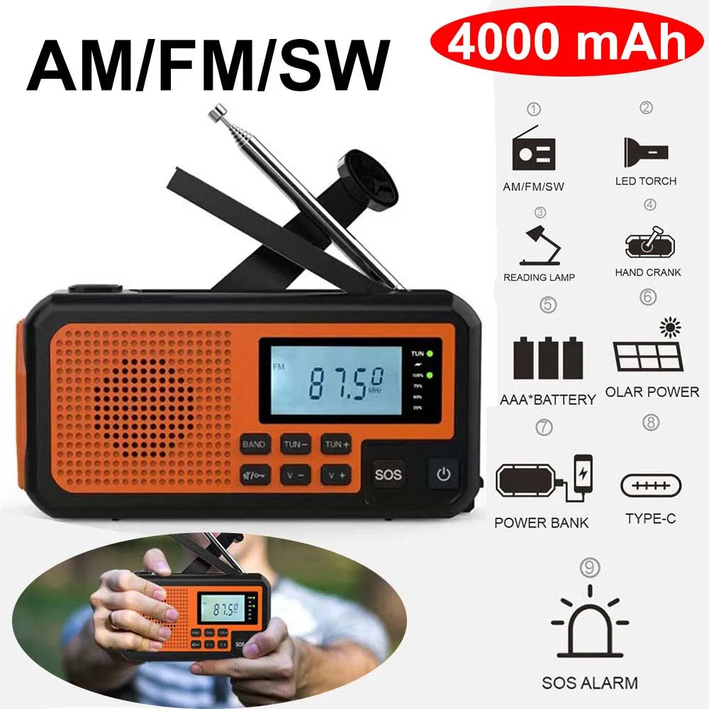 Emergency Solar Hand Crank Radio – Portable Survival Radio with Flashlight, Power Bank & SOS Alarm